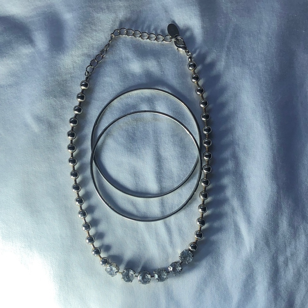Claire's Silver Crystal Bead Necklace with Double Bangles